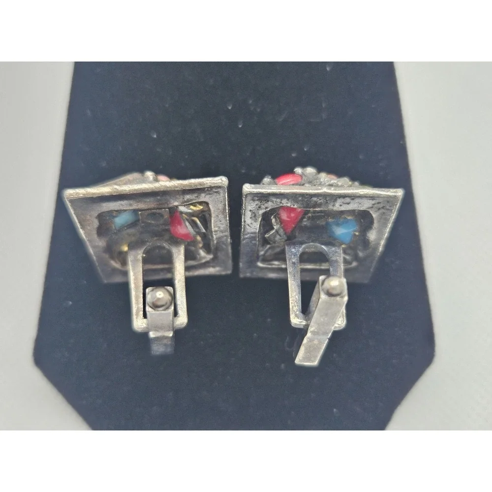 Vintage Artisan Mosaic Stone Inlayed Bronze Cuff‎ Links